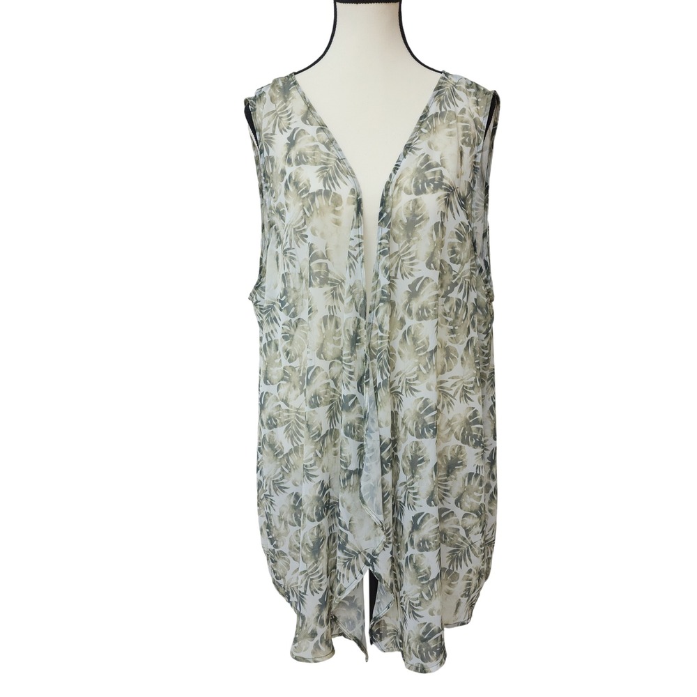 Tropical Monstera Leaf Print Open Front Kimono Vest Sea Turtle‎ Green 2X 20W-22W